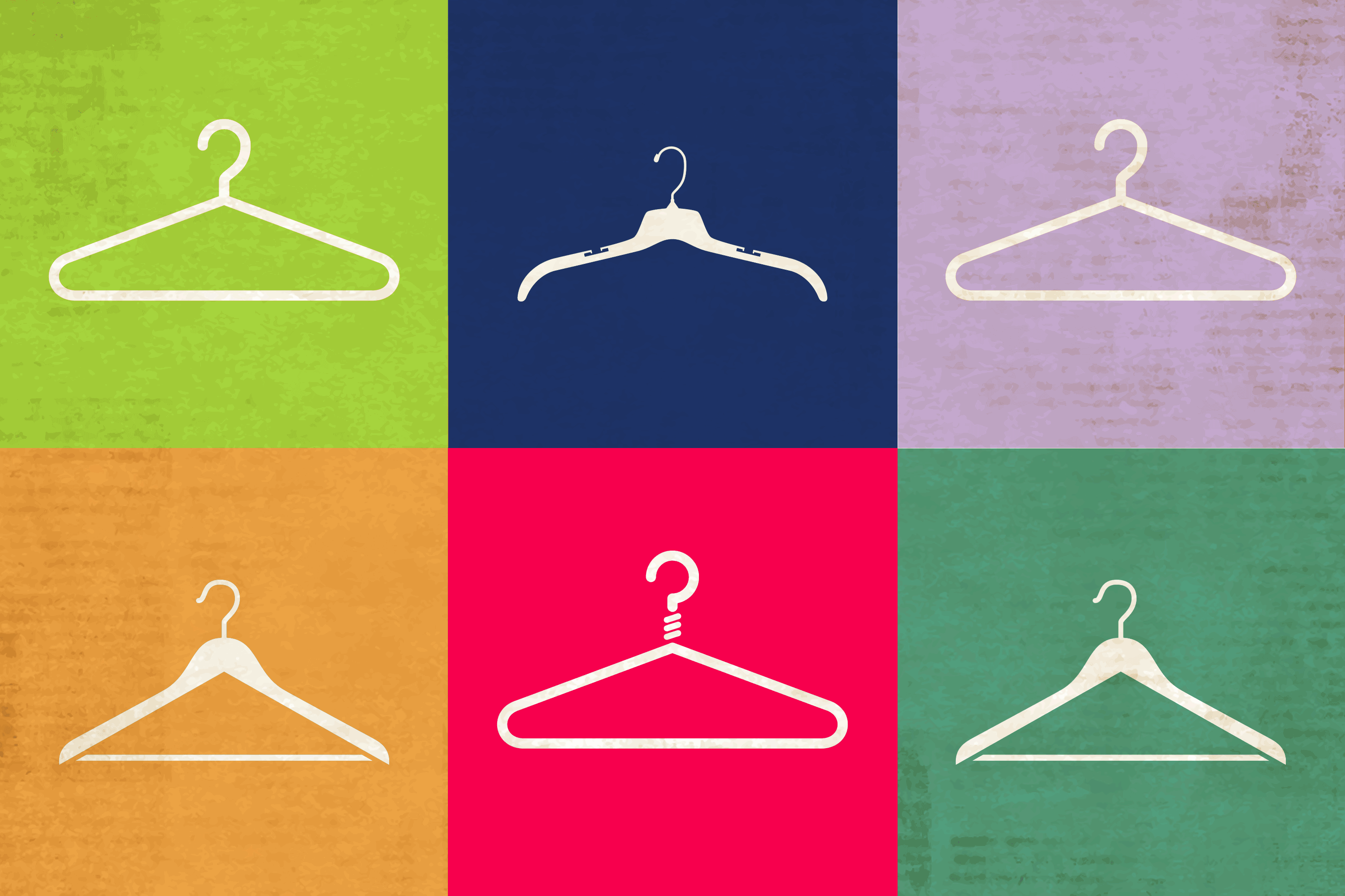 An illustration showing different shapes of clothes hangers on flashing colored squares