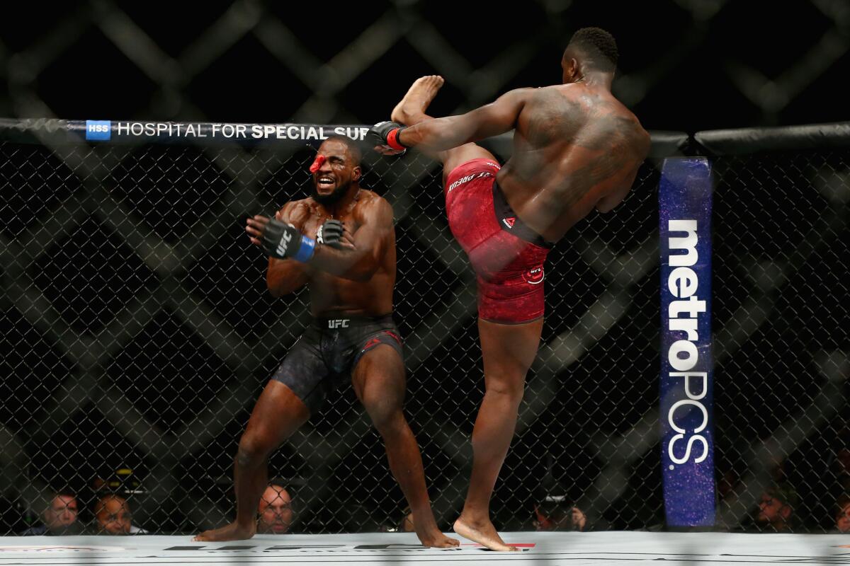 Ovince Saint Preux knocks out Corey Anderson with a kick to the head during their light-heavyweight bout at UFC 217.