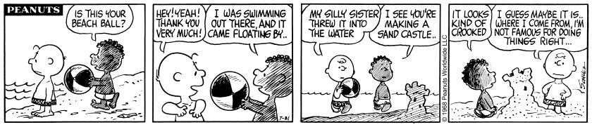 Four panel, black and white comic strip of Charlie Brown and Franklin Armstrong at the beach.