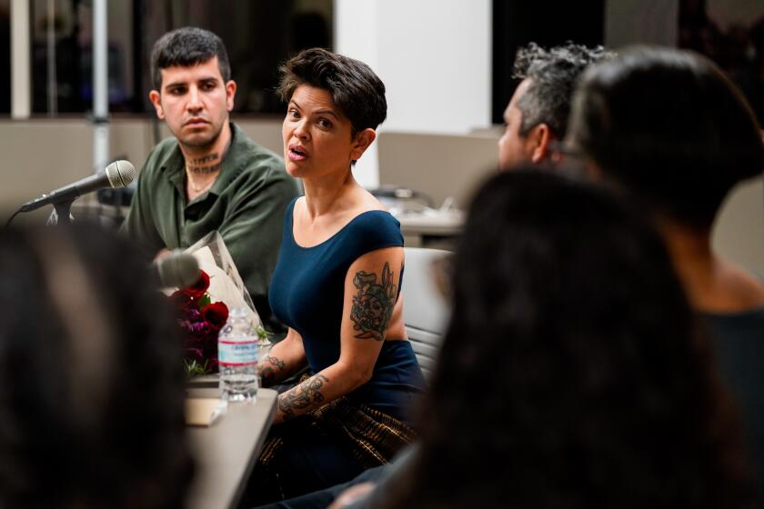 CULVER CITY, CALIF. - FEBRUARY 06: Myriam Gurba speaks during a panel hosted by #DignidadLiteraria discussing “American Dirt,” and Latinx visibility in the U.S. publishing industry at Antioch University on Thursday, Feb. 6, 2020 in Culver City, Calif. (Kent Nishimura / Los Angeles Times)
