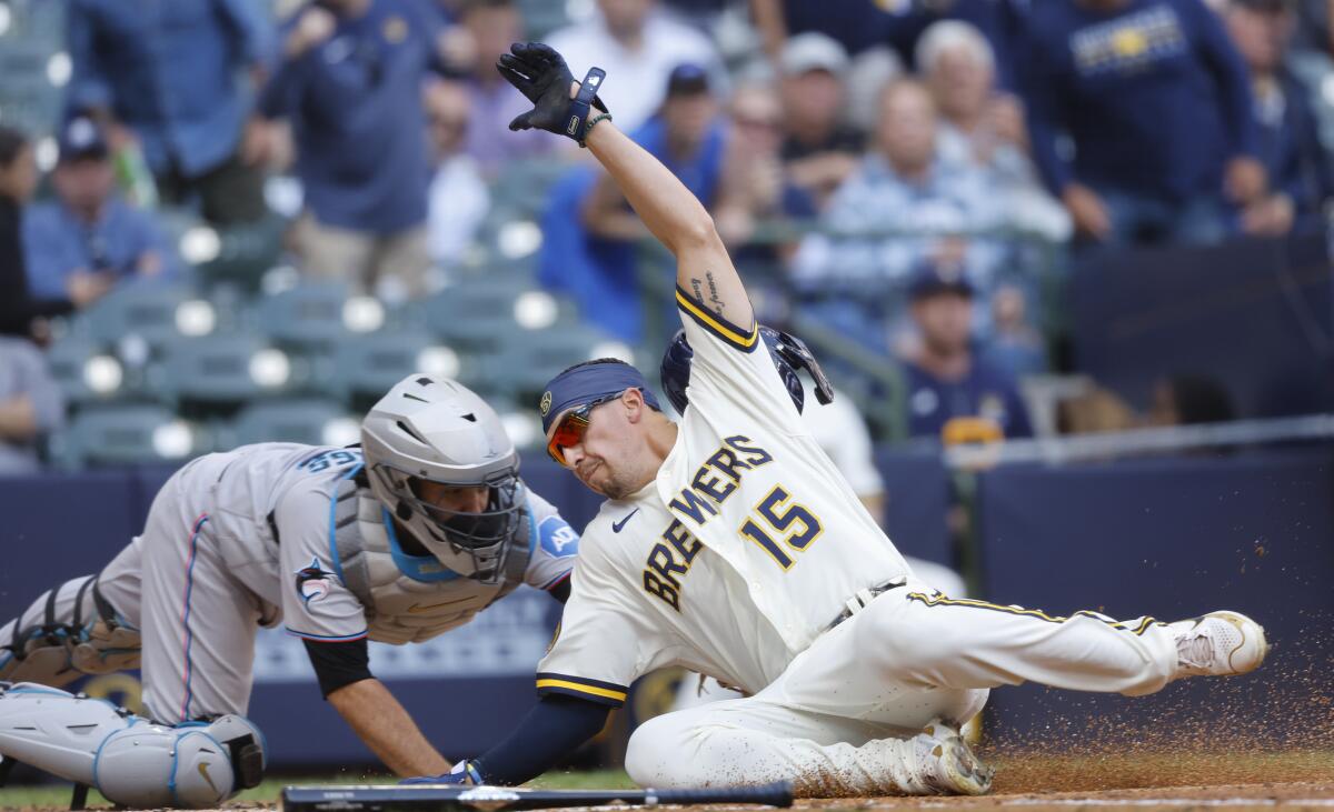 Tyrone Taylor hits 2 RBI doubles and scores go-ahead run in Brewers' 4-2  victory over Marlins - The San Diego Union-Tribune