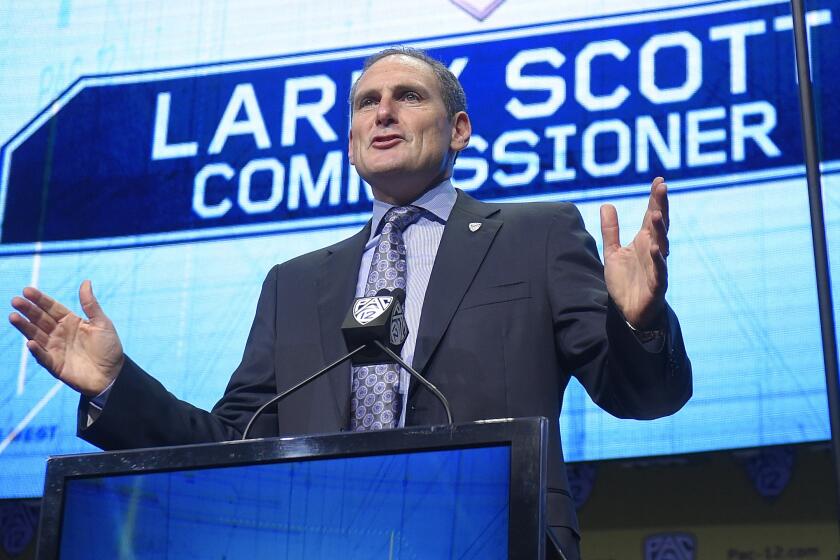 Pac-12 Commissioner Larry Scott speaks at Pac-12 NCAA college football Media Day, Wednesday, July 26, 2017