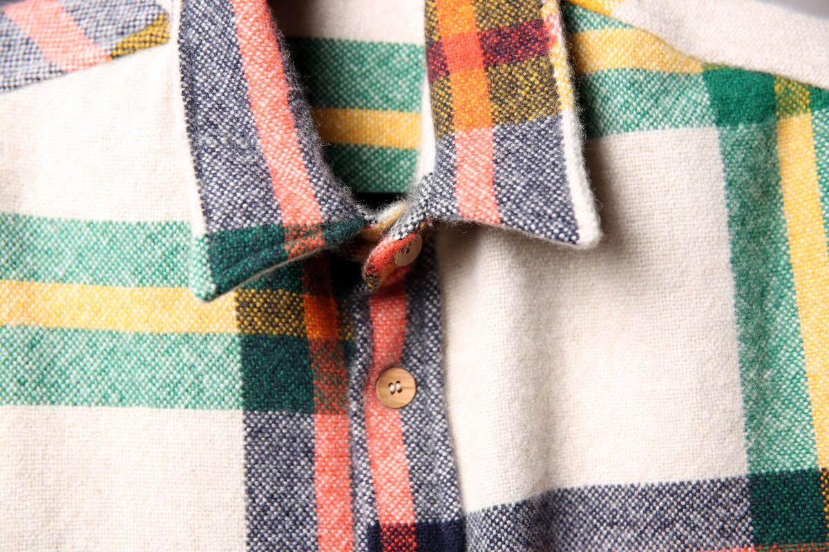 A close-up view of a bold, plaid cashmere button-front shirt.