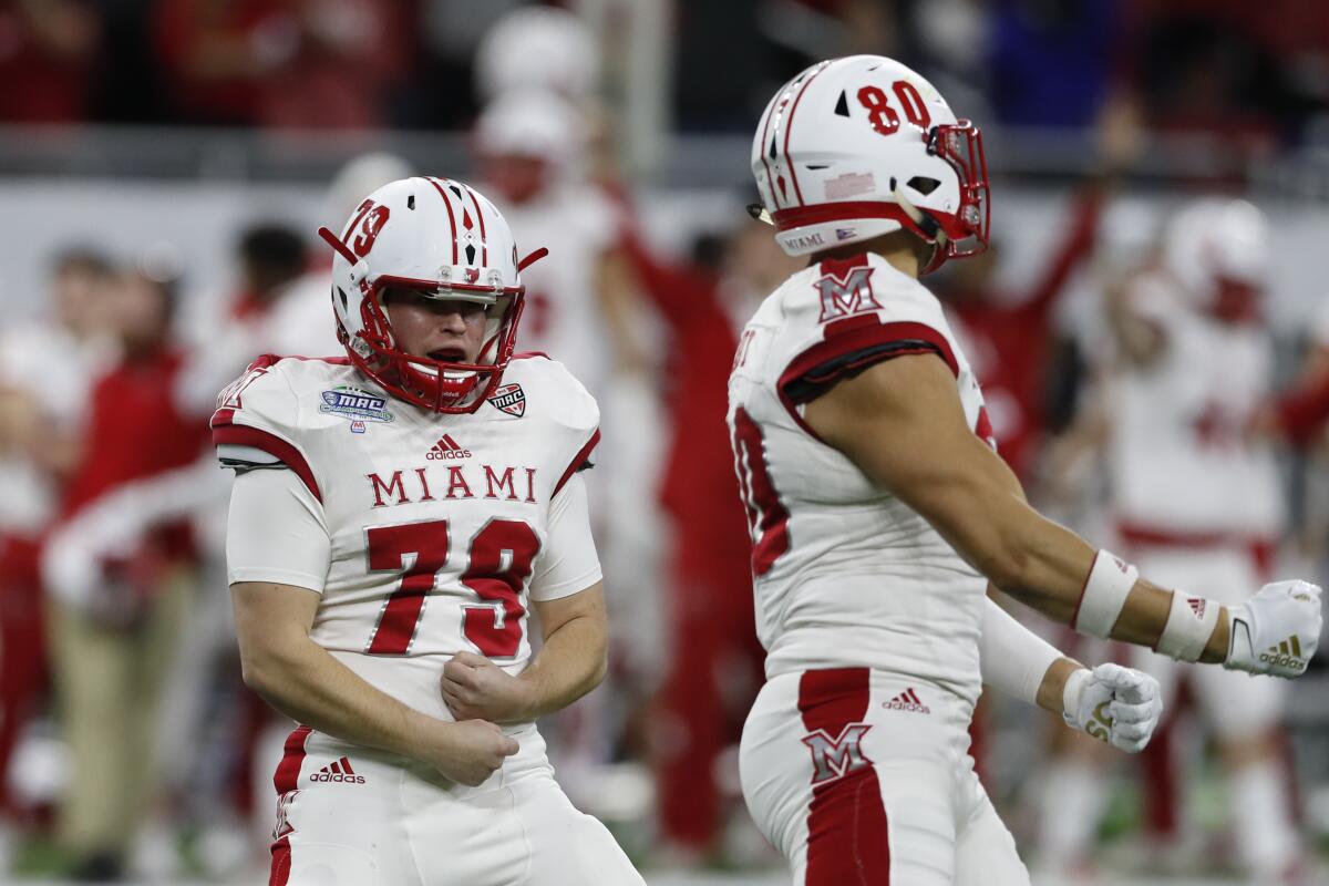Miami of Ohio place kicker Sam Sloman reacts after a field goal.