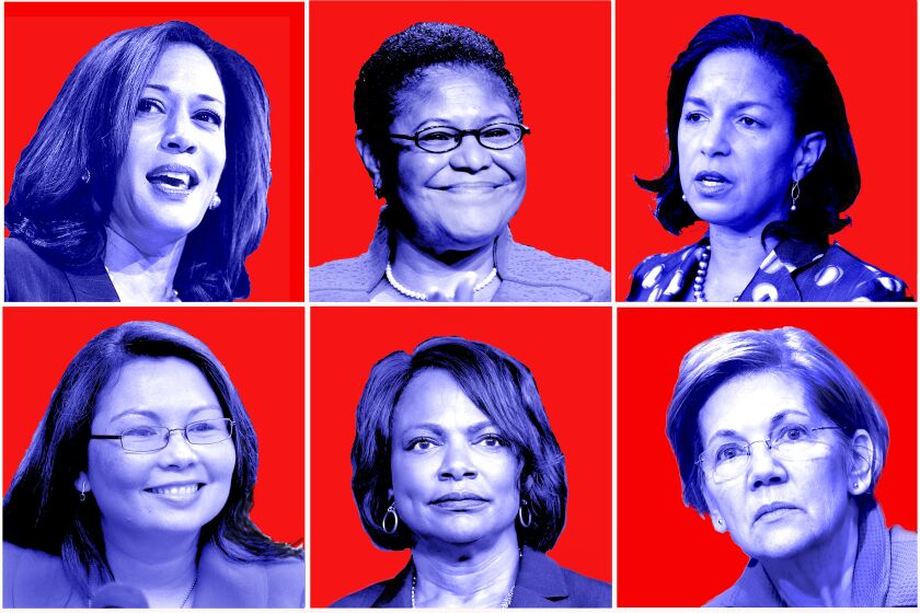 Democratic presidential candidate and former Vice President Joe Biden stated that he is considering a woman as his running mate. Here are Six women Biden should consider: (top left to right) Sen. Kamala Harris D-Calif., Congressional Black Caucus Reps. Karen Bass, D-Calif., former National Security Adviser Susan Rice, Rep. Tammy Duckworth, D-Ill, Rep. Val Demmings, D-Fla., and Sen. Elizabeth Warren, D-Mass.