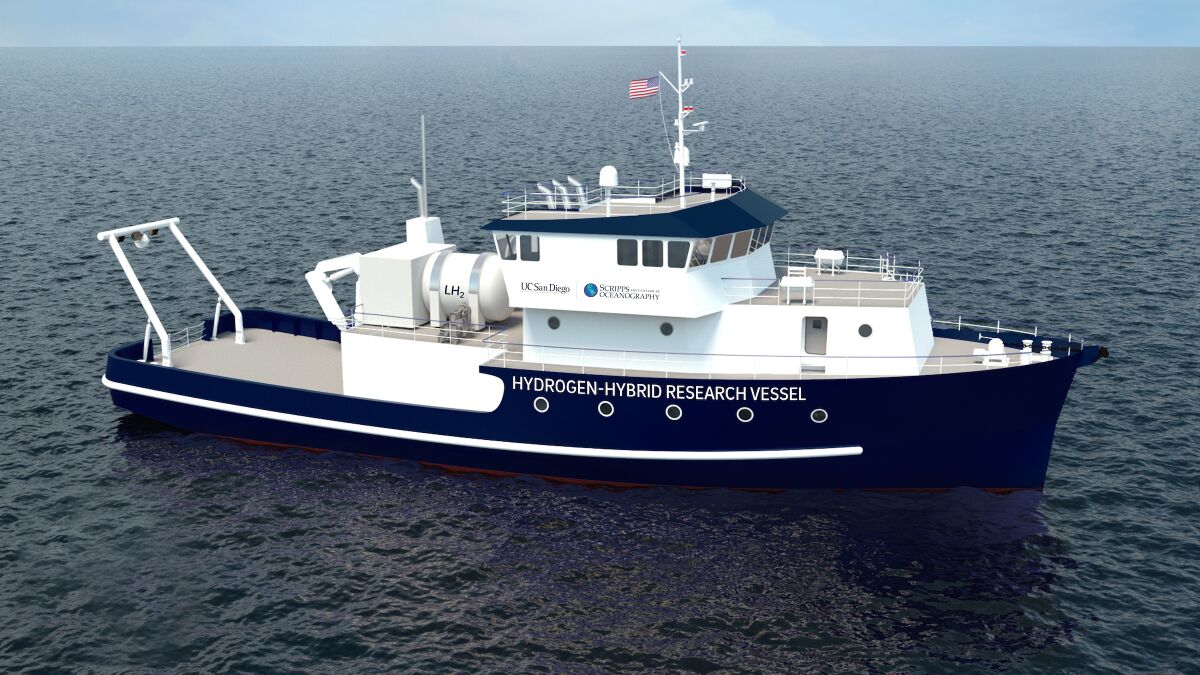 A rendering depicts a hydrogen-hybrid research vessel that the Scripps Institution of Oceanography will build.