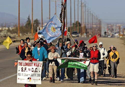 Commemorating the 30th anniversary of the 1978 Longest Walk, a civil rights march in support of Native Americans, participants on the South route pass through Apple Valley in San Bernardino County, Calif. The 4,400-mile walk through 11 states began Feb. 11 in San Francisco. It is scheduled to end July 11 in Washington, D.C.