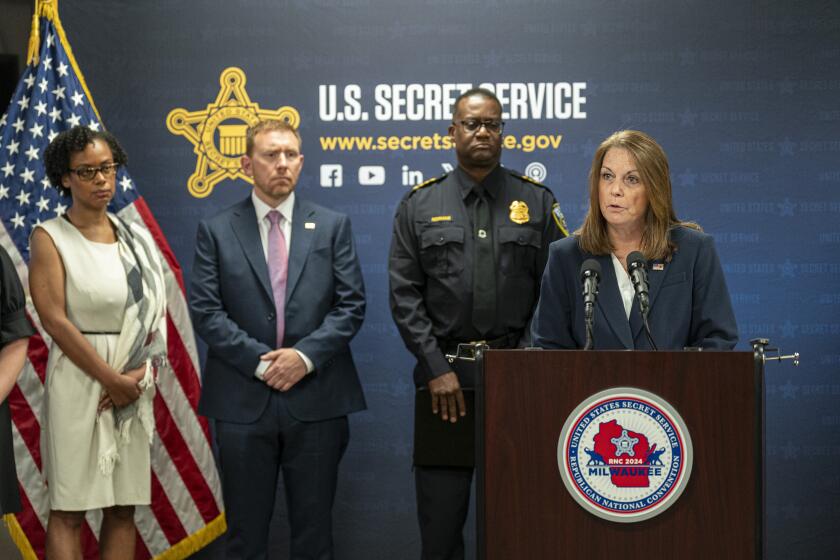 U.S. Secret Service Director Kimberly Cheatle speaks during a Republican National Convention security news conference Friday, June 21, 2024, in Milwaukee. (AP Photo/Andy Manis)