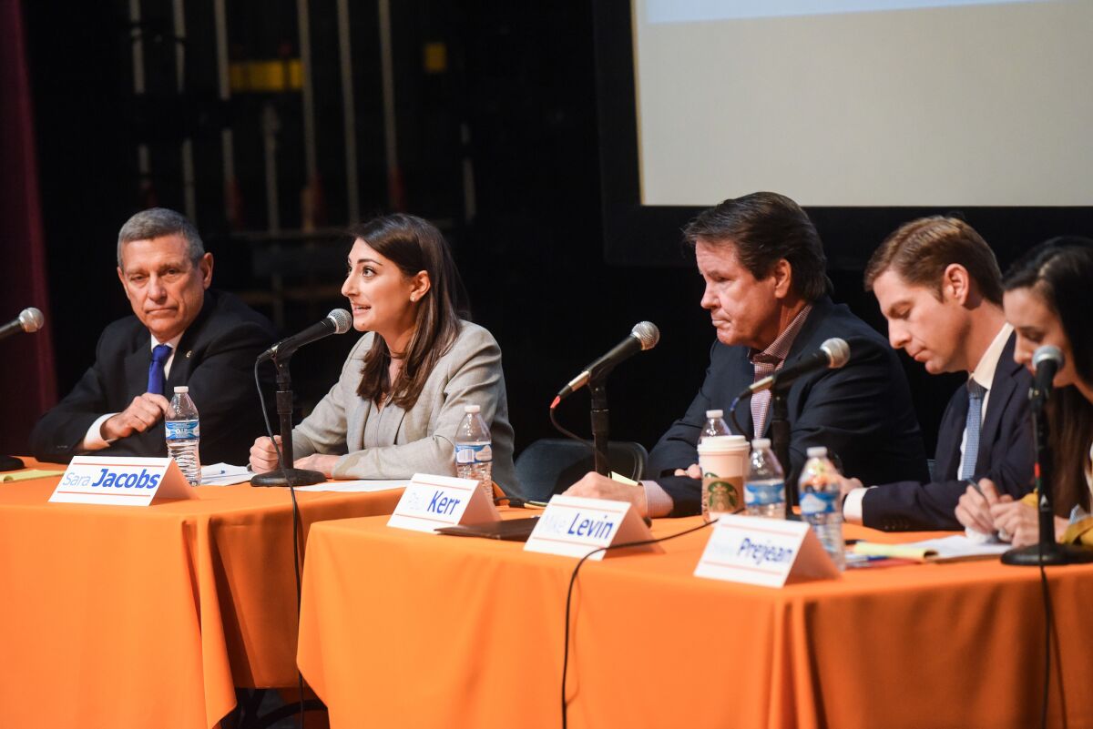 Democrats running in the 49th District, left to right: Doug Applegate, Sara Jacobs, Paul Kerr and Mike Levin.