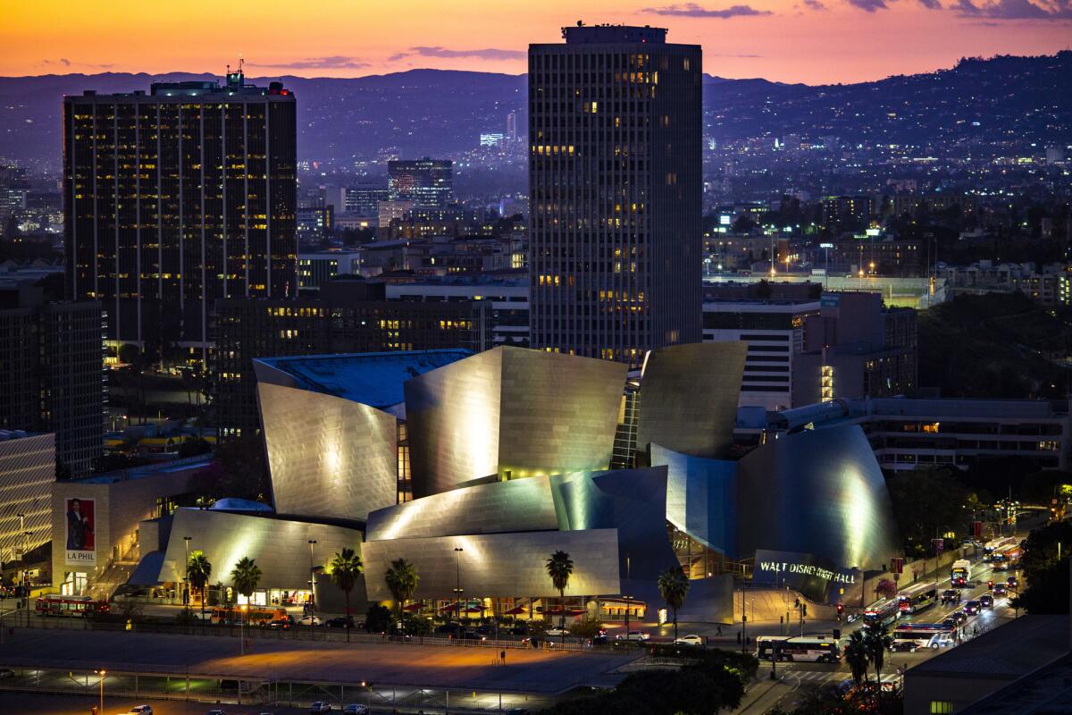 Walt Disney Concert Hall is the fourth hall of the Los Angeles Music Center and was designed by Frank Gehry, photographed from the Los Angeles City Hall Observation Deck on February 14, 2018.
