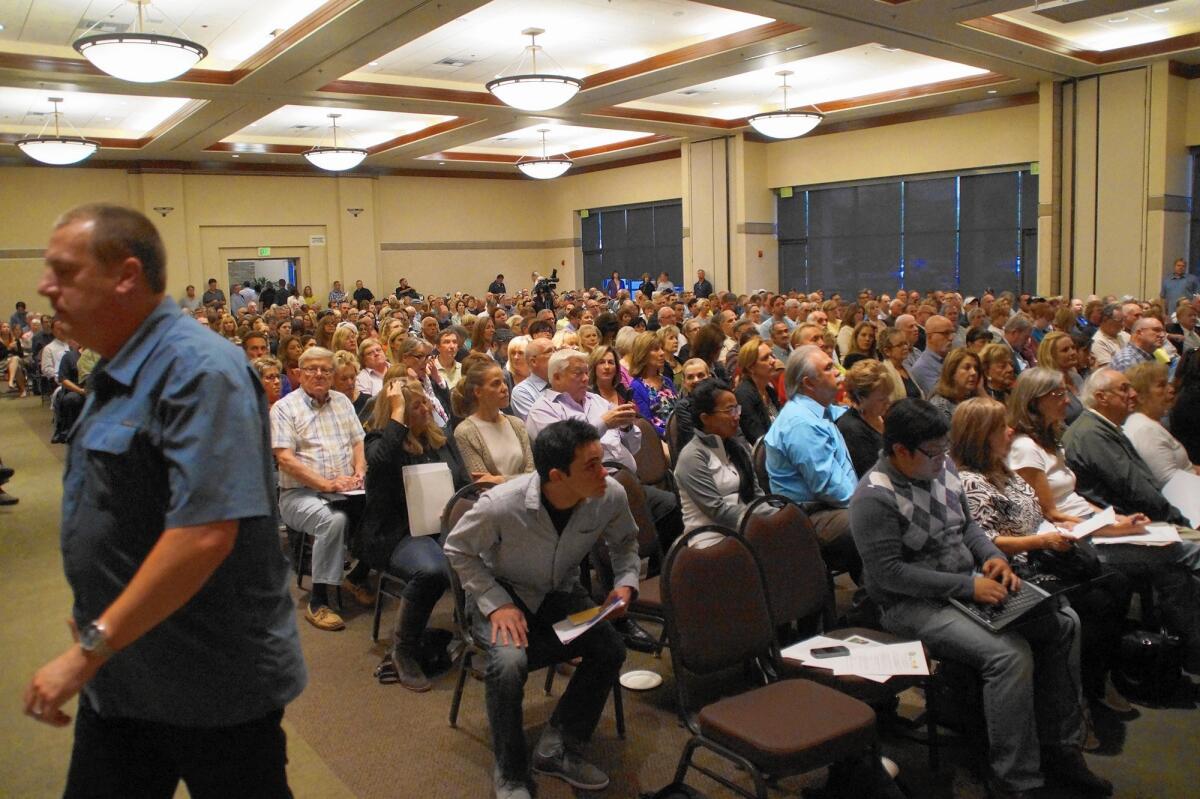 Nearly 400 people attended a town hall meeting about sober-living homes in Orange County on Thursday at the Laguna Hills Community Center.