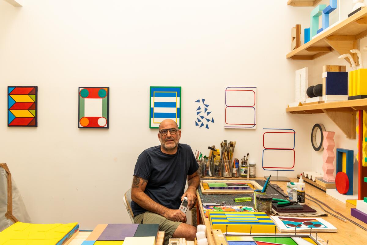 Los Angeles, CA - August 21: Antonio Adriano Puleo sits in his art studio ADU at his Glassell Park home on Thursday, Aug. 21, 2025 in Los Angeles, CA. (Juliana Yamada / Los Angeles Times)