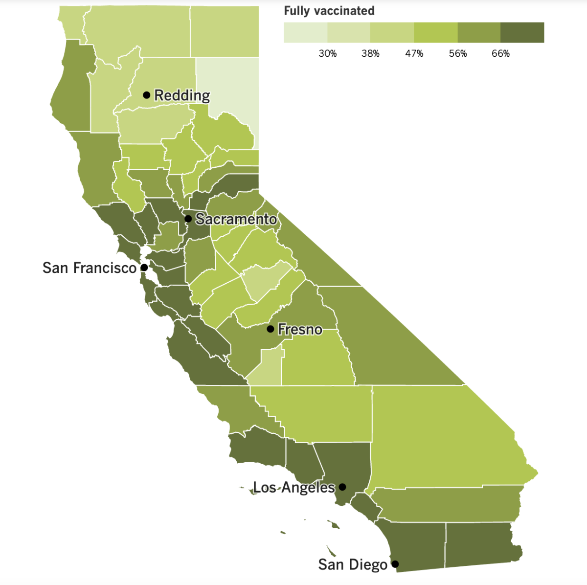 A map showing California's vaccination progress by county, as of Jan. 21.