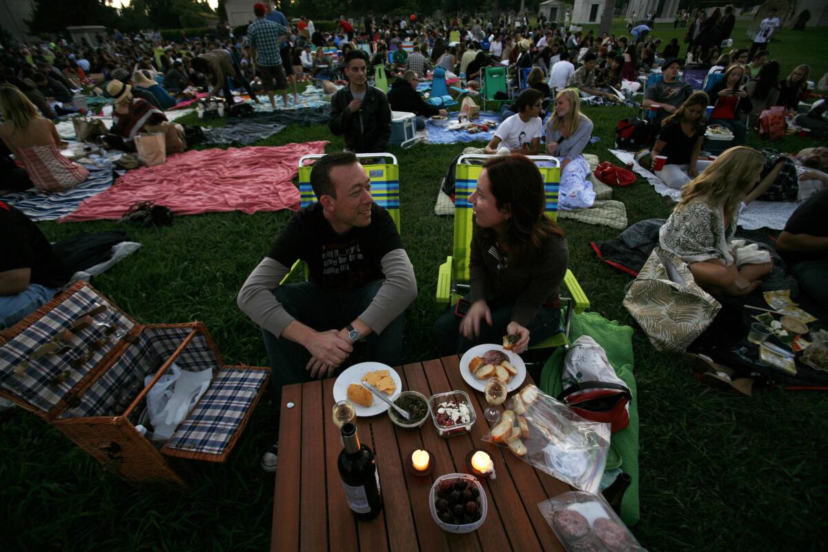 A picnic spread out by Micah and Rosemary Orliss before an outdoor movie screening at Hollywood Forever Cemetery.