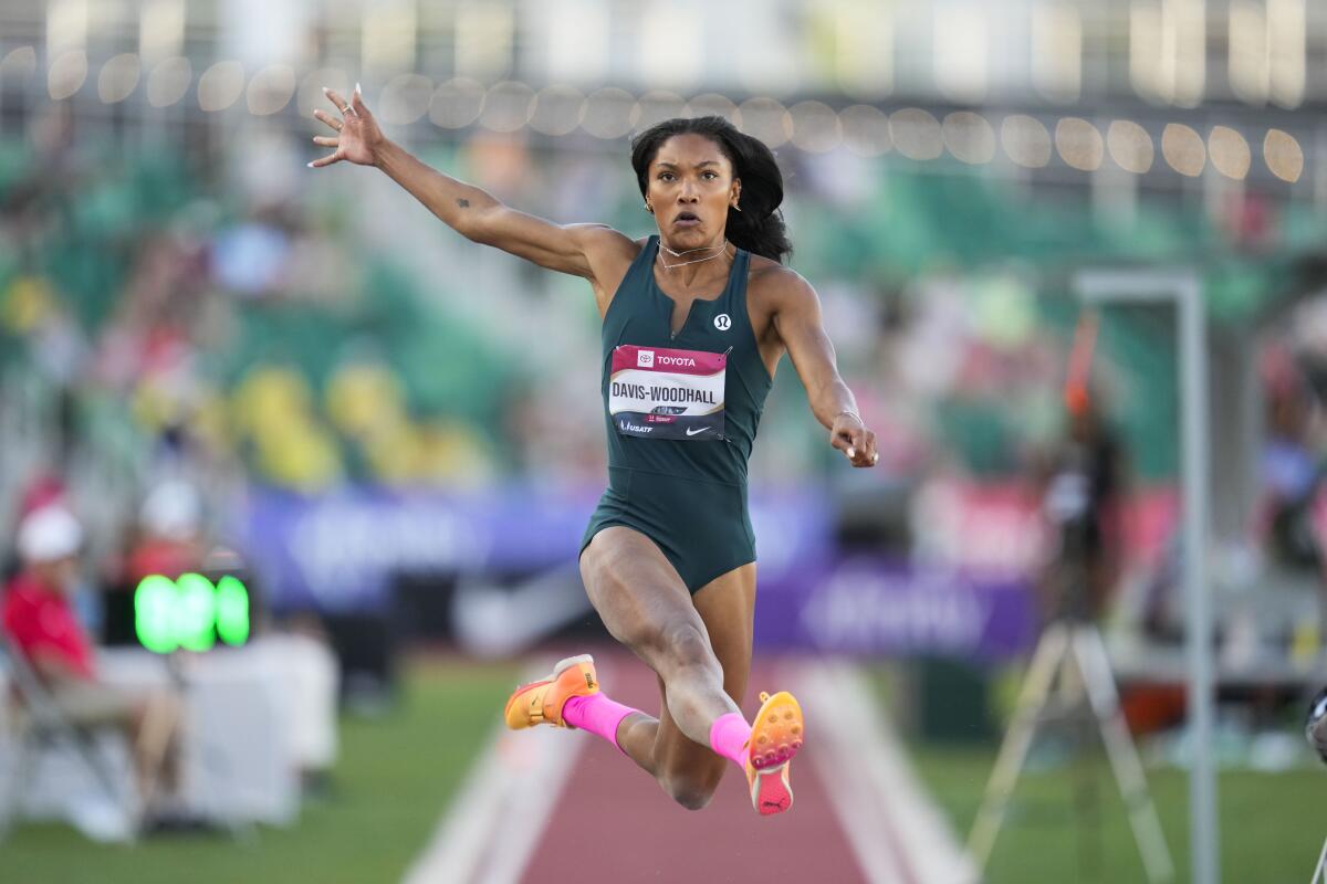 Tara Davis-Woodhall competes in the women's long jump during the 2023 U.S. track and field championships in Eugene, Ore.