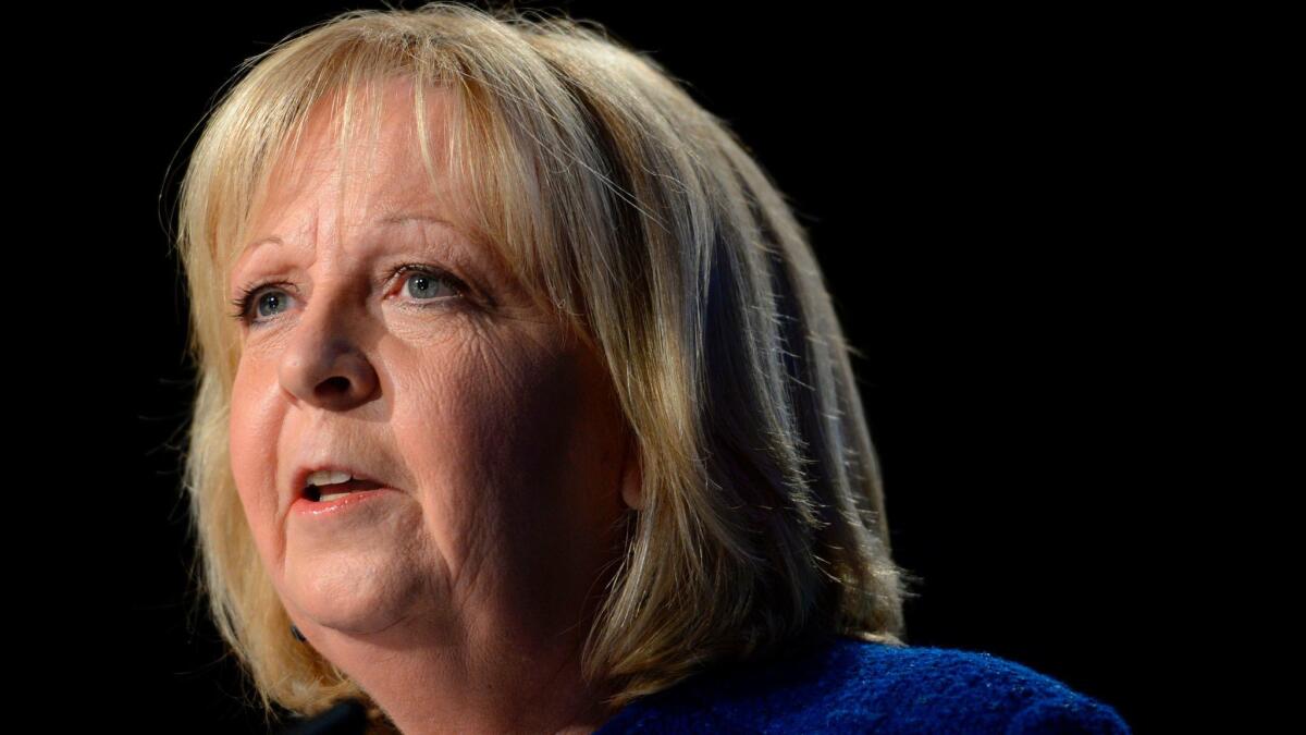 Hannelore Kraft, top candidate of the Social Democratic party for regional elections in North Rhine-Westphalia, speaks during an election gathering on May 14, 2017, in Duesseldorf, Germany,