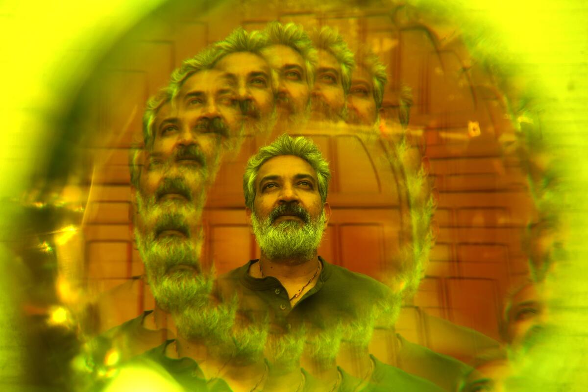 A portrait of filmmaker S.S. Rajamouli, photographed with a filter that multiplies and swirls the image.