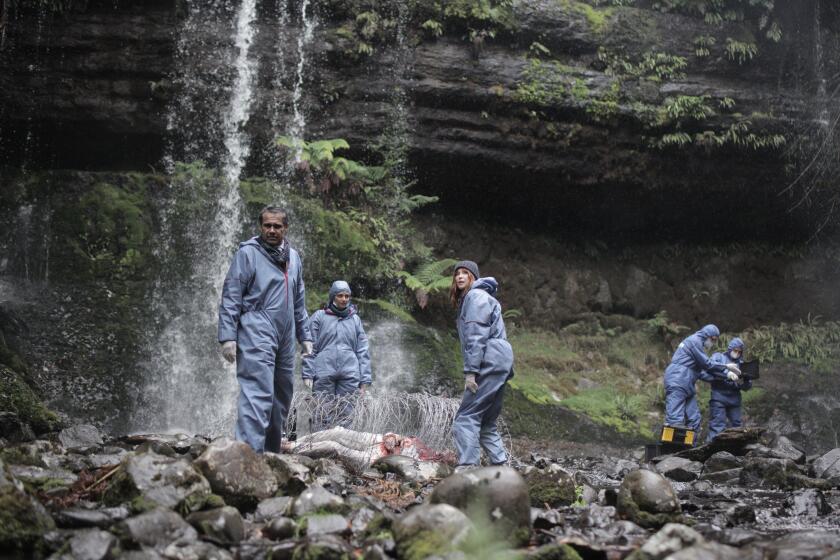 A group of police conduct forensic work on a corpse at the foot of a waterfall