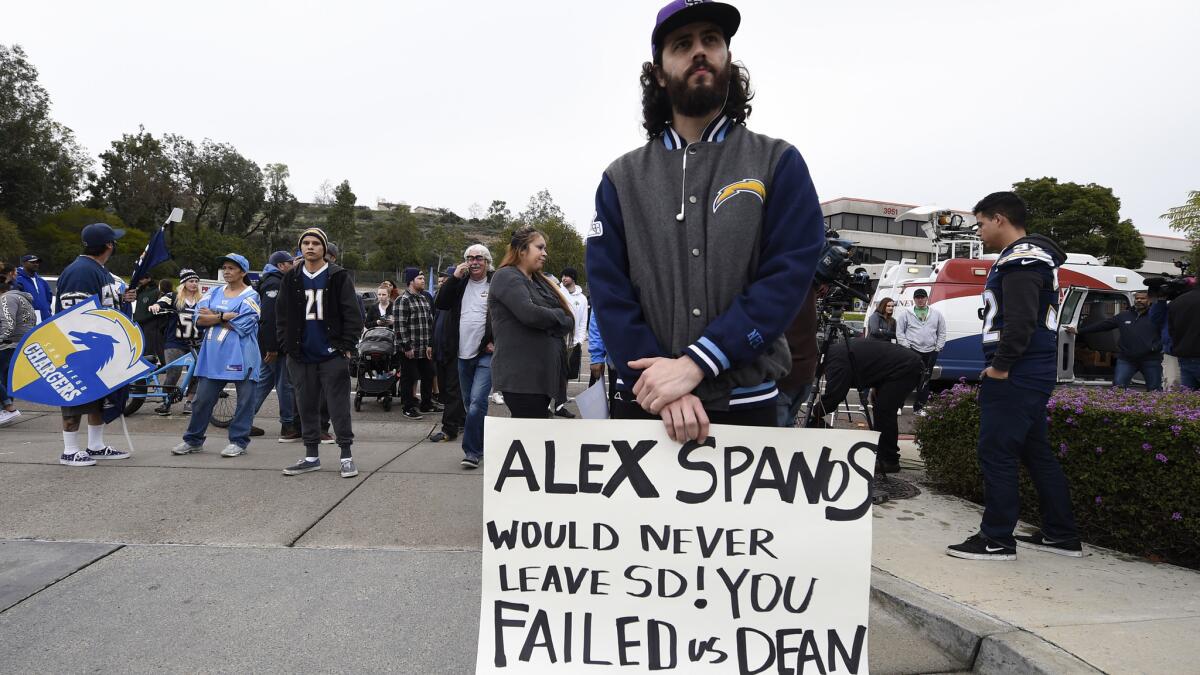 Joseph Macrae protests the departure of the Chargers at the team's former headquarters in San Diego.