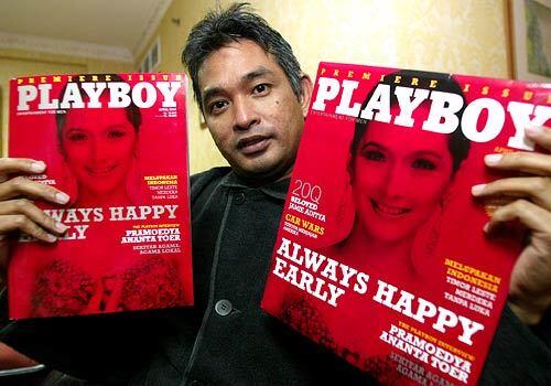Indonesian Playboy editor Erwin Arnada shows off copies of the magazine's first edition in Jakarta in April 2006. Islamists' focus on the magazine suggests to many Indonesians that it was singled out for attack as a symbol of what hard-liners consider Western pollution of traditional Islamic morals.