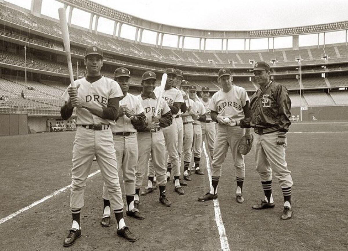 Opening Day lineup for the Padres' first game in 1969 (from left): Rafael Robles, 
Roberto Pena, Tony Gonzalez, Ollie Brown, Bill Davis, Larry Stahl, Ed Spiezio, Chris 
Cannizzaro, Dick Selma and manager Preston Gomez. (Union-Tribune file photo)