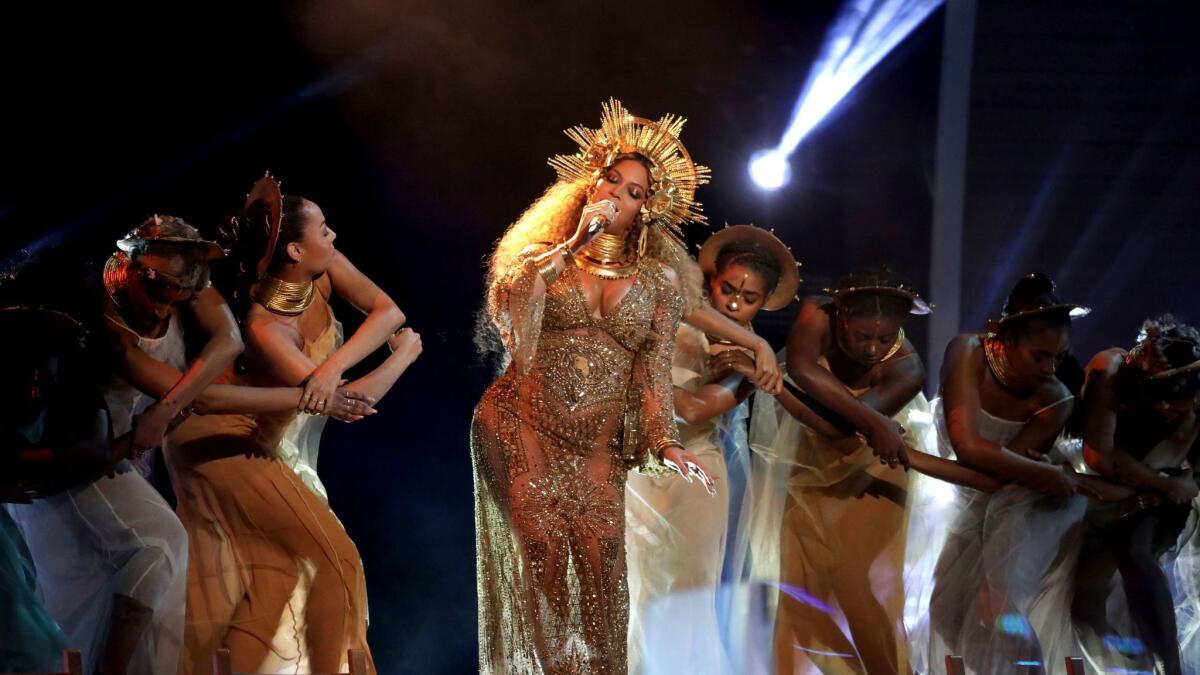 Beyoncé performs at the 59th Grammy Awards on Feb. 12 in Los Angeles.
