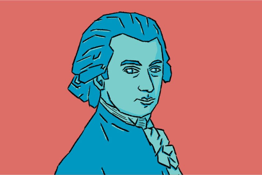 **ONLINE VERSION** Illustration of Mozart for “How to Listen” series by Mark Swed. Credit: Micah Fluellen / Los Angeles Times
