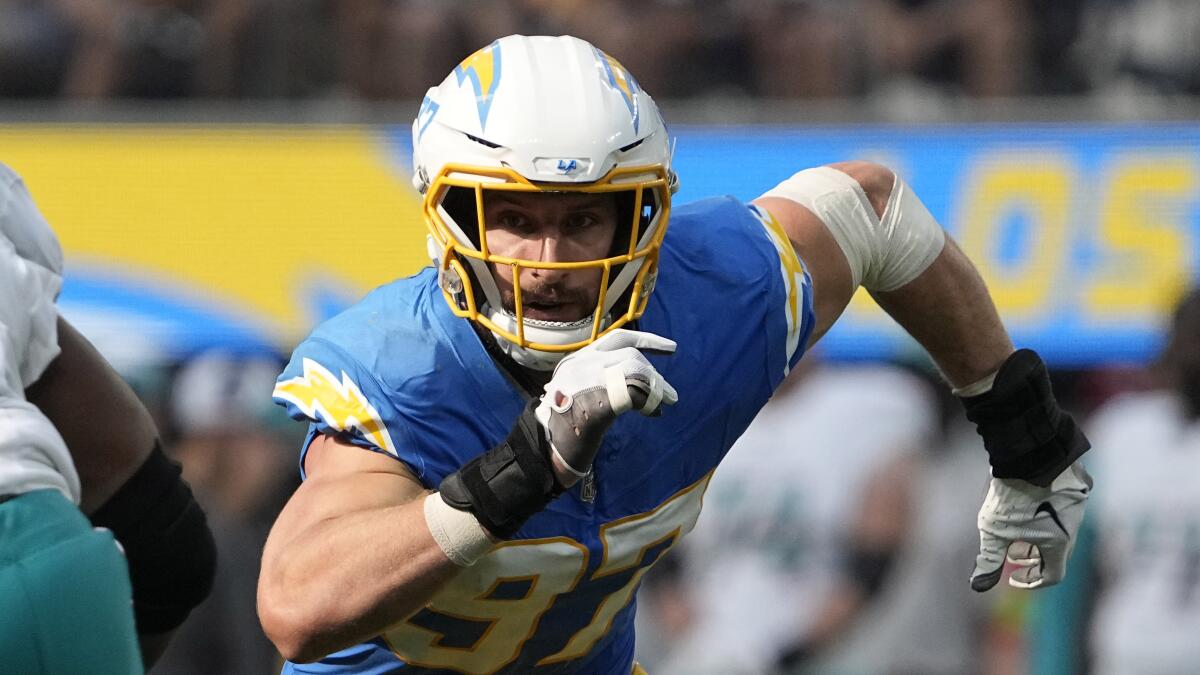 Los Angeles Chargers linebacker Joey Bosa runs a play during an NFL football game.