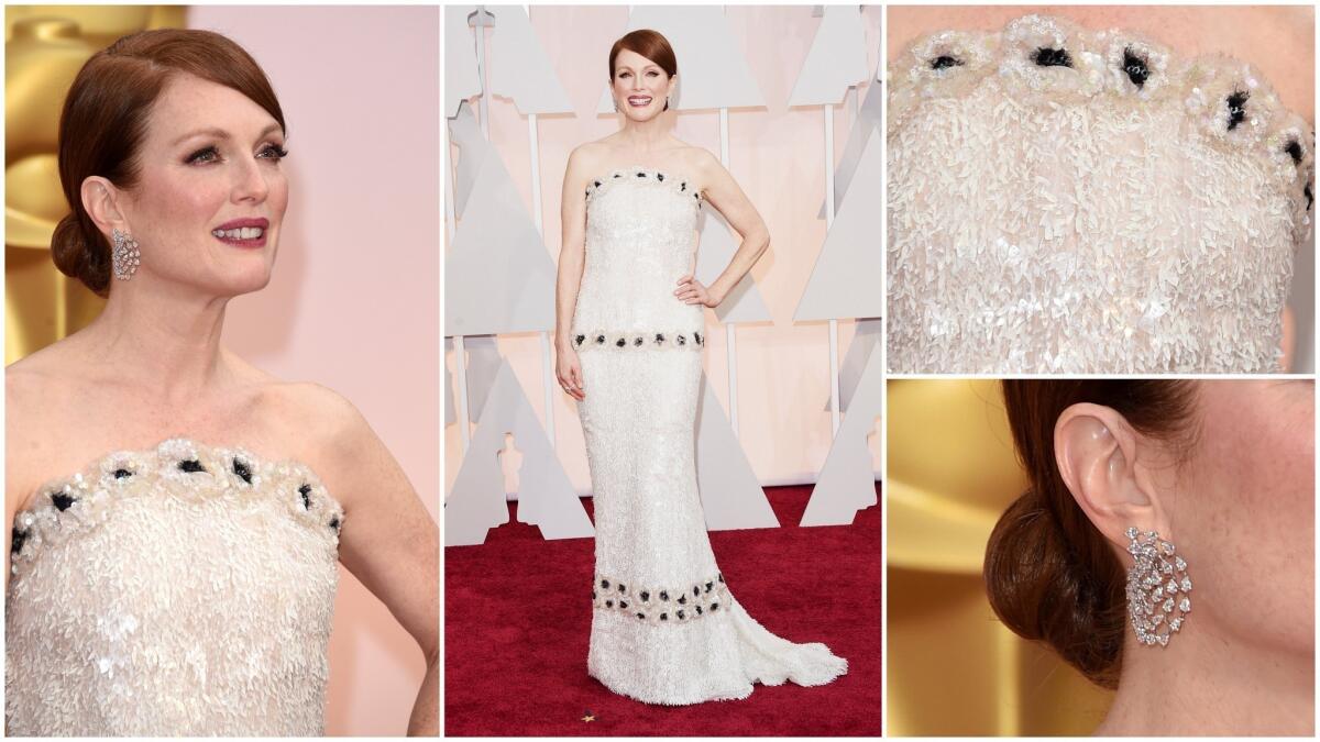 At the 2015 Oscars, Moore appeared in this custom Chanel gown, with 80,000 hand-painted resin sequins and flowers. The dress took 987 hours and 27 people to complete.