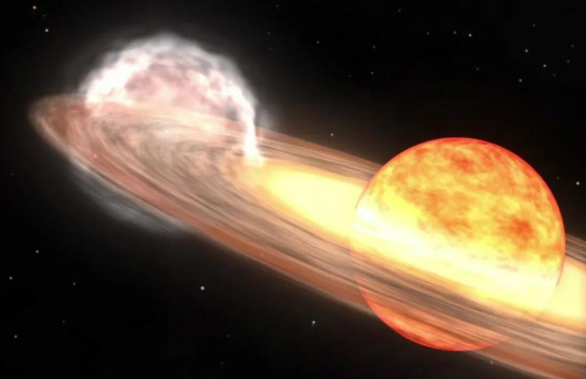 An artists conception of a white dwarf orbiting a red giant star and a nova explosion. 