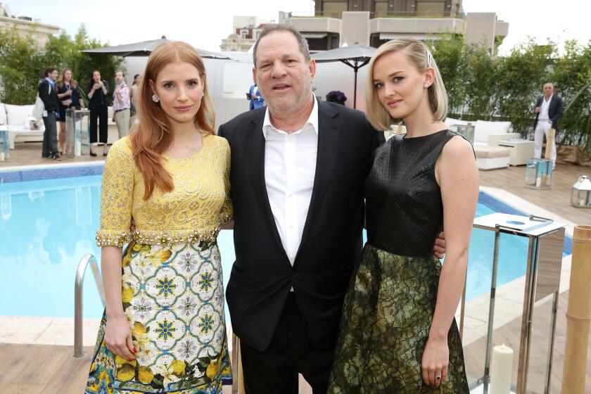 Actress Jessica Chastain, co-chairman of the Weinstein Co. Harvey Weinstein and actress Jess Weixler attend "The Disappearance of Eleanor Rigby" pre-screening reception at Cannes.