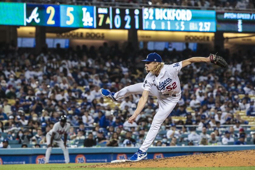 Los Angeles, CA, Monday, August 30, 2021 - Los Angeles Dodgers starting pitcher Phil Bickford (52) pitches the seventh inning against the Braves at Dodger Stadium. (Robert Gauthier/Los Angeles Times)