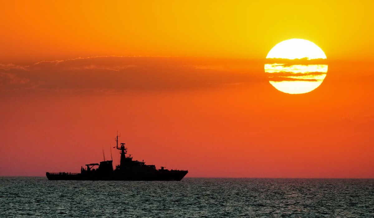 A view of the Britain's Royal Navy patrol ship OPV "Trent" in the Black Sea, Thursday late, July 8, 2021 during Sea Breeze 2021 maneuvers. Ukraine and NATO have conducted Black Sea drills involving dozens of warships in a two-week show of their strong defense ties and capability following a confrontation between Russia's military forces and a British destroyer off Crimea last month. (AP Photo/Efrem Lukatsky)