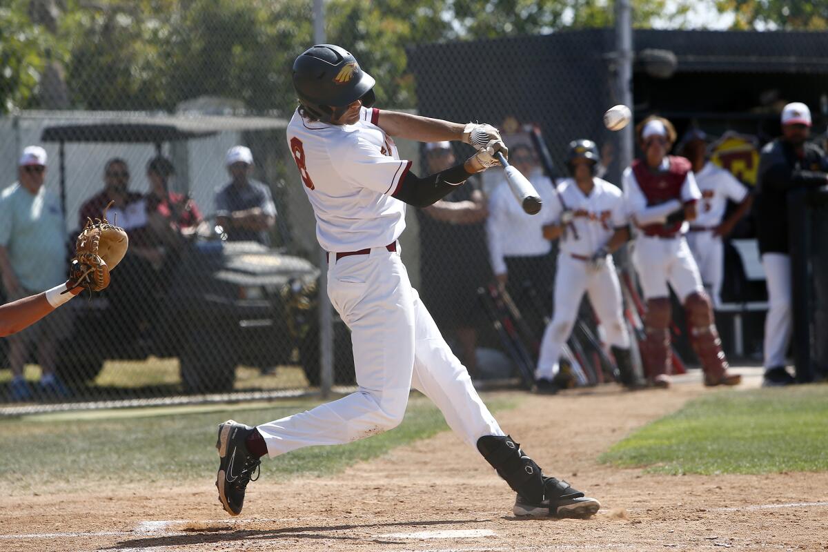 Estancia's Jack Moyer doubles against Santa Ynez during the first inning in a CIF Southern Section Division 6 semifinal.