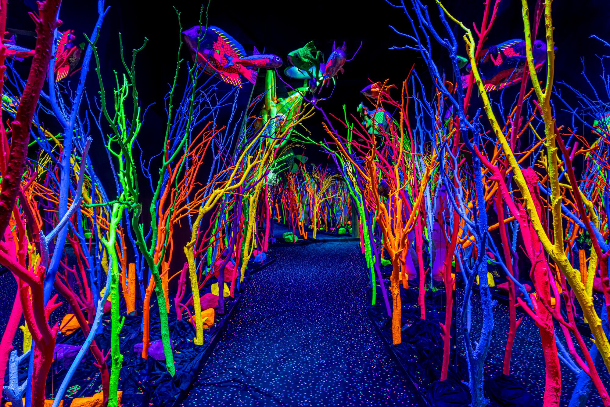 Uma visão fantástica e psicodélica de uma floresta na exposição de Meow Wolf em Santa Fé, NM.