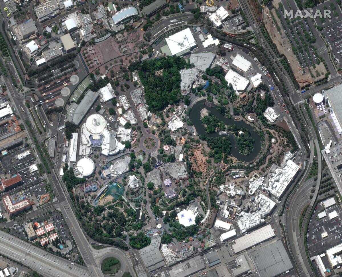A May 2019 satellite image of Disneyland in Anaheim. Disney theme parks have been "no-fly zones" since 2003.