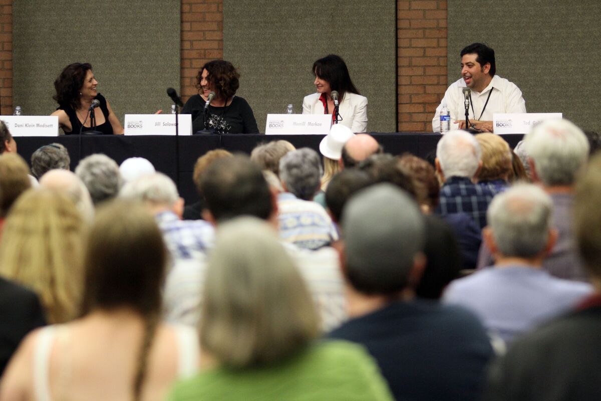 A full audience at the 2012 Festival of Books listens to, from left, authors Dani Klein Modisett, Jill Soloway, Merrill Markoe and Tod Goldberg.