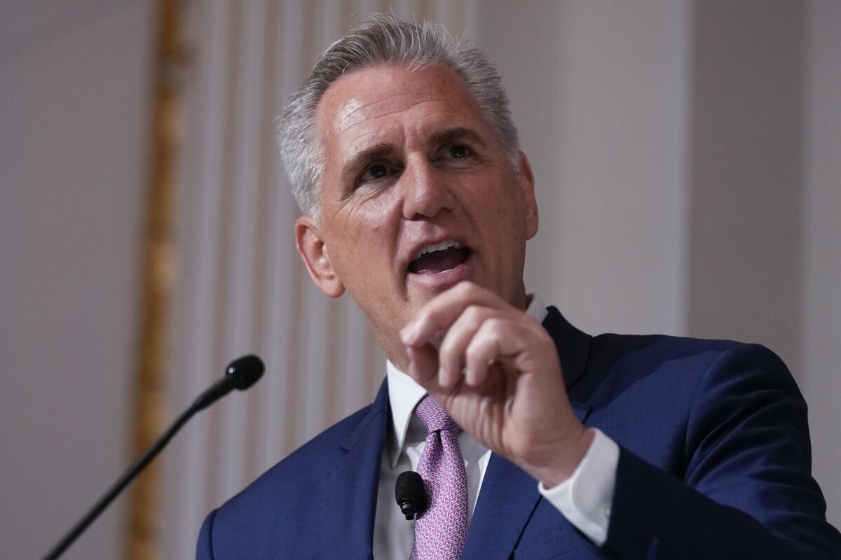 House Speaker Kevin McCarthy delivers an emphatic point during a speech.