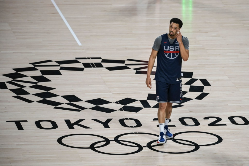 USA's Olympic basketball team player Keldon Johnson attends a training session.