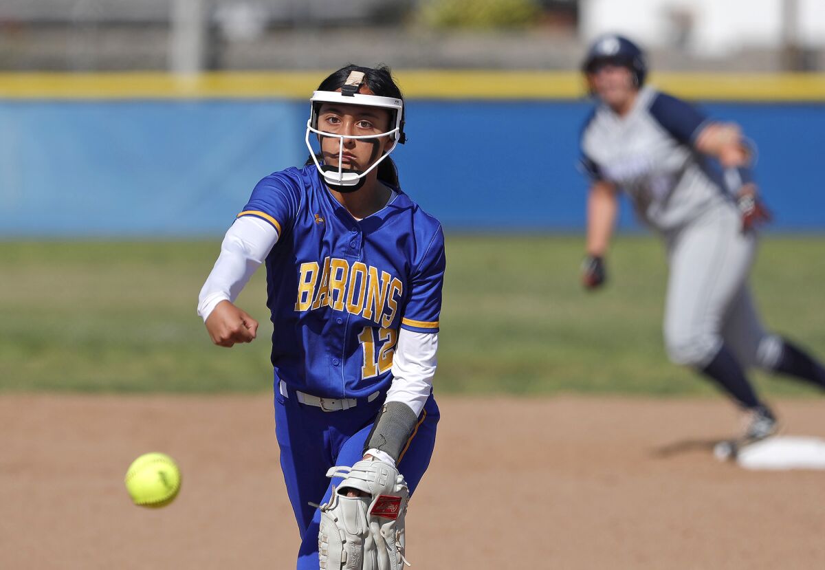 Fountain Valley starting pitcher Courtney Kols throws a strike during a Wave League softball game against Newport Harbor.