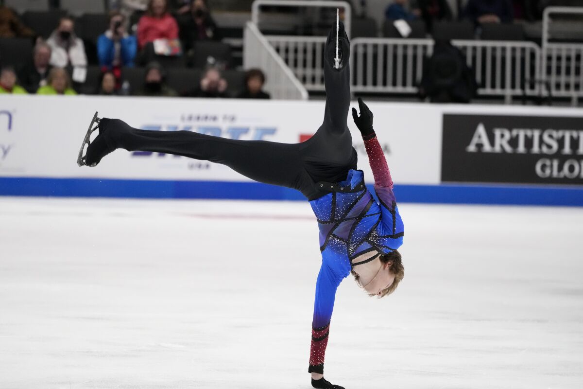 Ilia Malinin's iconic Euphoria free skate features a multitude of complicated elements - including a one-handed, on the ice cartwheel. (Image credit: AP Photo/Tony Avelar)