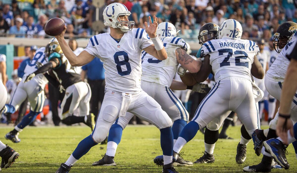 Indianapolis Colts quarterback Matt Hasselbeck (8) throws from the pocket during the second half against the Jacksonville Jaguars on Sunday.