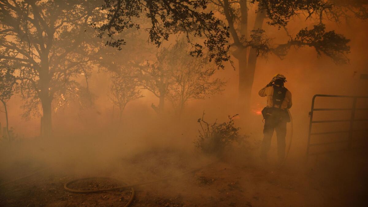 A firefighter holds onto his helmet as a gust of wind kicks up debris and embers as helps protect a home against the River fire in Mendocino County.