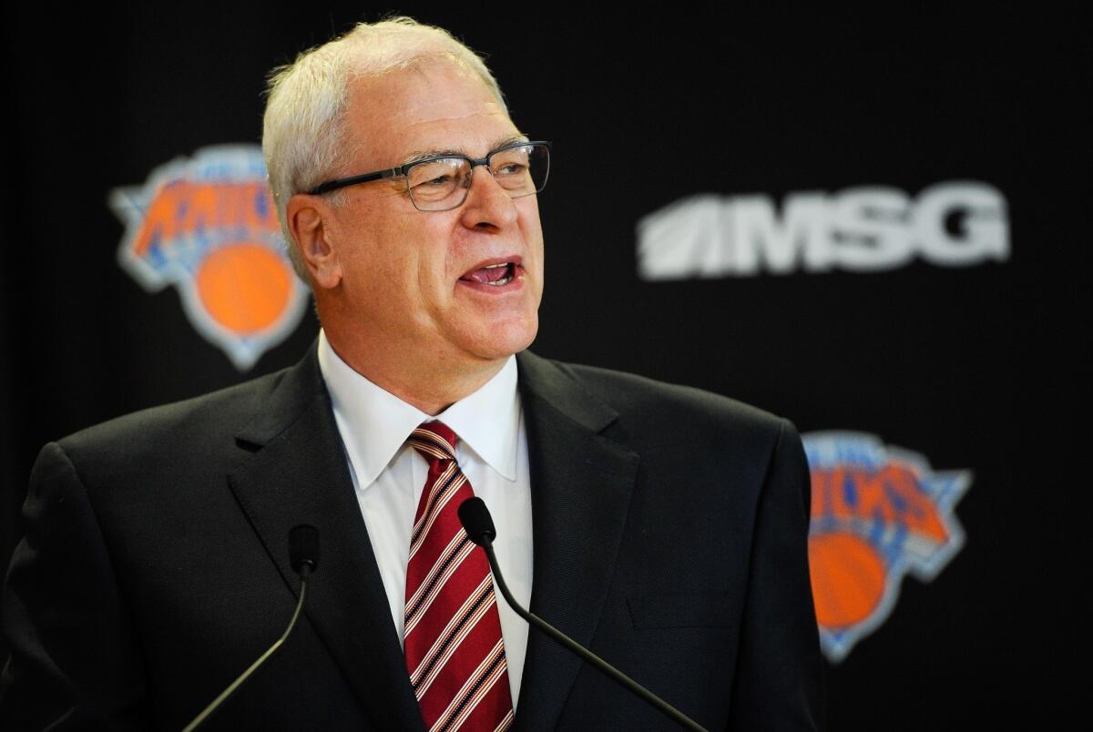 Former Lakers Coach Phil Jackson was introduced Tuesday as President of the New York Knicks at Madison Square Garden in New York City.