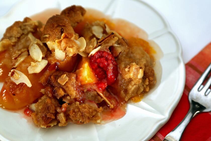 LOS ANGELES, CA., JUNE 06, 2015, -- Apricot-Raspberry Crisp with almonds (Kirk McKoy / Los Angeles Times)