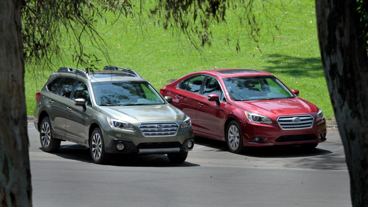 The Subaru Outback wagon and the Subaru Legacy sedan seen at Elysian Park in Los Angeles in 2014.