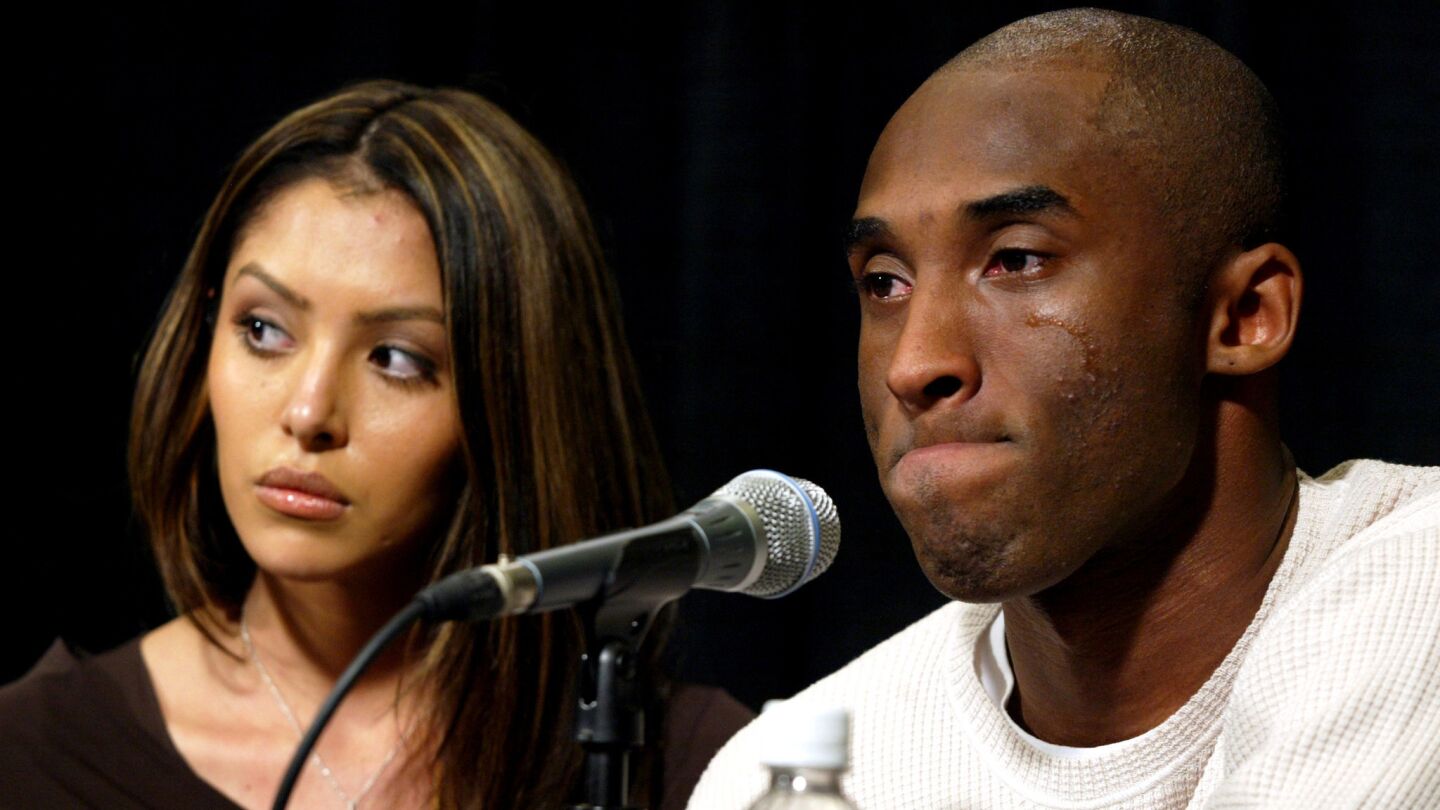Kobe Bryant and his wife, Vanessa, take part in a news conference at Staples Center in July 2003 while addressing the sexual assault charges brought against Kobe. The charges were later dropped.