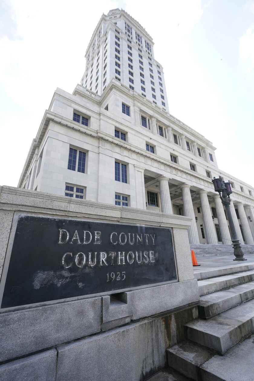 This Oct. 8, 2020 photo shows the Miami-Dade County Courthouse in Miami. Officials say the Miami-Dade County Courthouse will begin undergoing repairs immediately after a review found safety concerns within the building. A joint statement from multiple leaders late Friday, July 9, 2021 says the review was prompted by the collapse of a condo building in Surfside. (AP Photo/Wilfredo Lee)