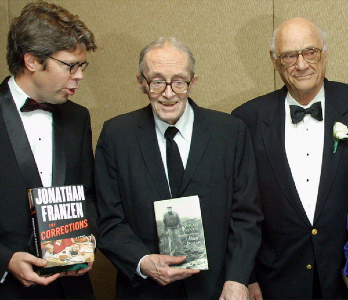 National Book Awards 2001 recipients Jonathan Franzen, left, Alan Dugan and Arthur Miller. The National Book Foundation hopes to draw more attention to its awards with new procedures.