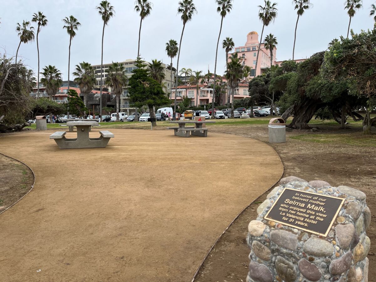 A new picnic grove in La Jolla's Scripps Park contains a memorial plaque for Selma Malk.